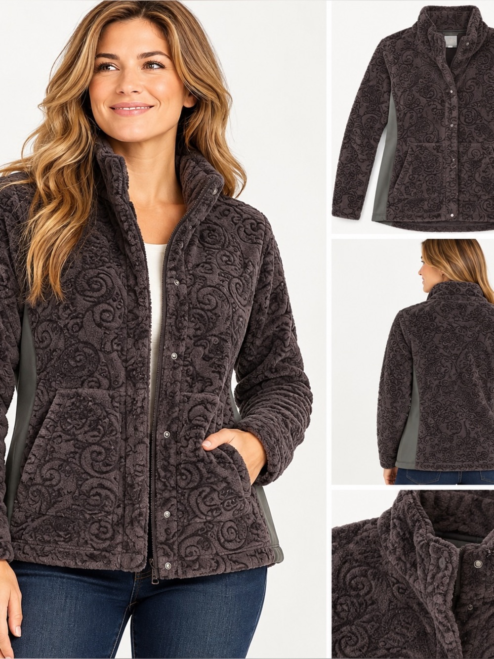 REI Women’s XL Purple Brown Embossed Scroll High Pile Fleece Jacket